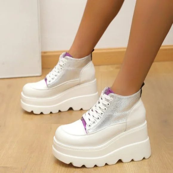 New Women's Front lace-up heightening ankle boots platform thick sole martin boo - Picture 10 of 12